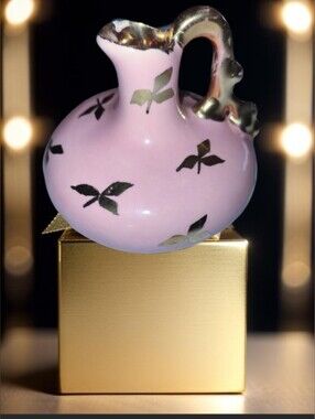 Pink & Gold Vintage Le Pere Pottery Porcelain Pitcher Vase 22KG Painted Leaves